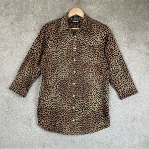 Lands End Tunic Womens 10 Brown Animal Print Cotton 3/4 Sleeve Button- 2813*